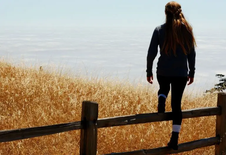 a woman standing on a fence looking out over a field.