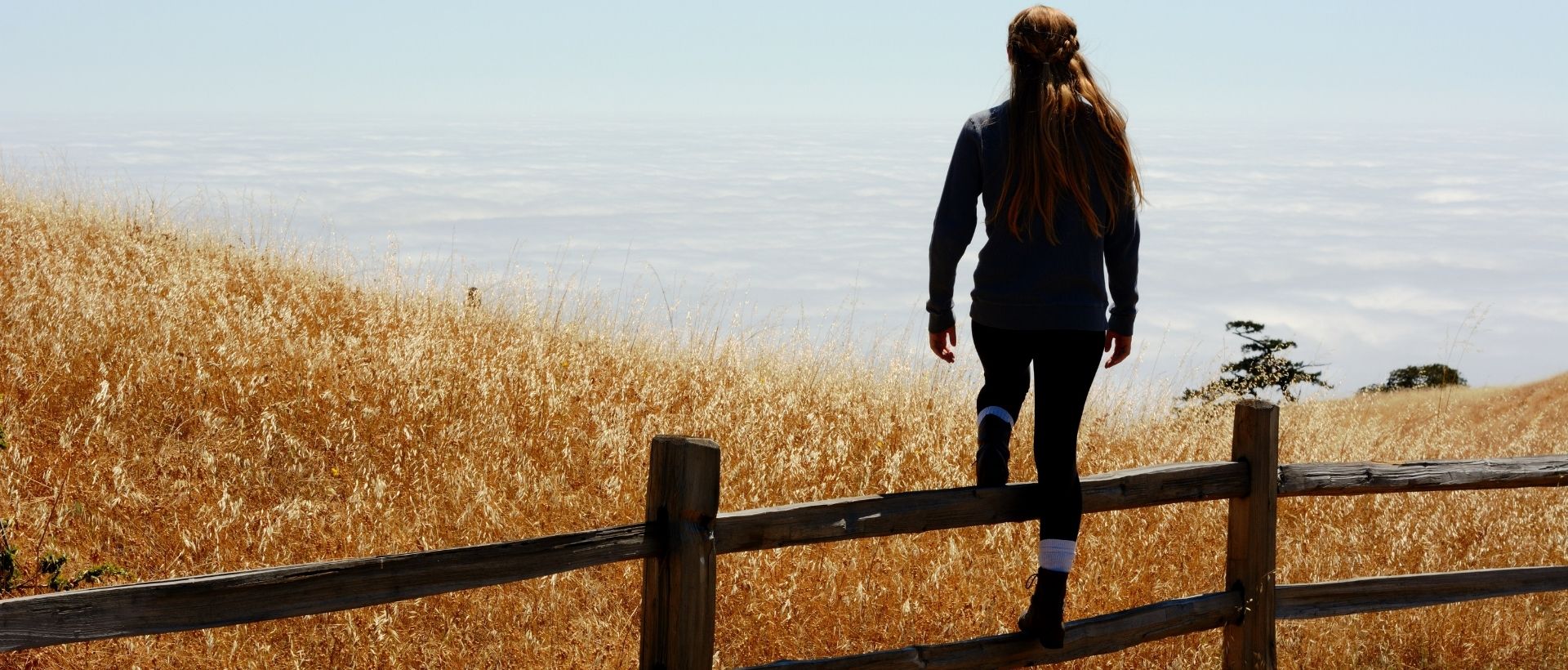 a woman standing on a fence looking out over a field.