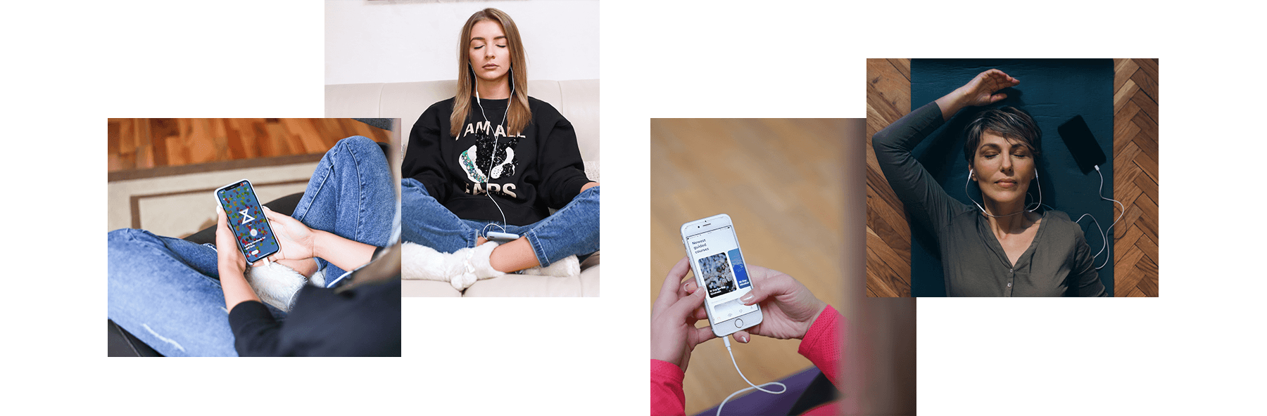 a collage of photos of a woman holding a cell phone.