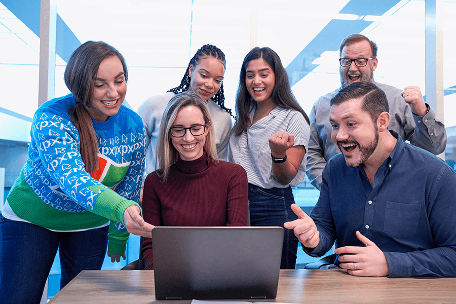 group of employees happy